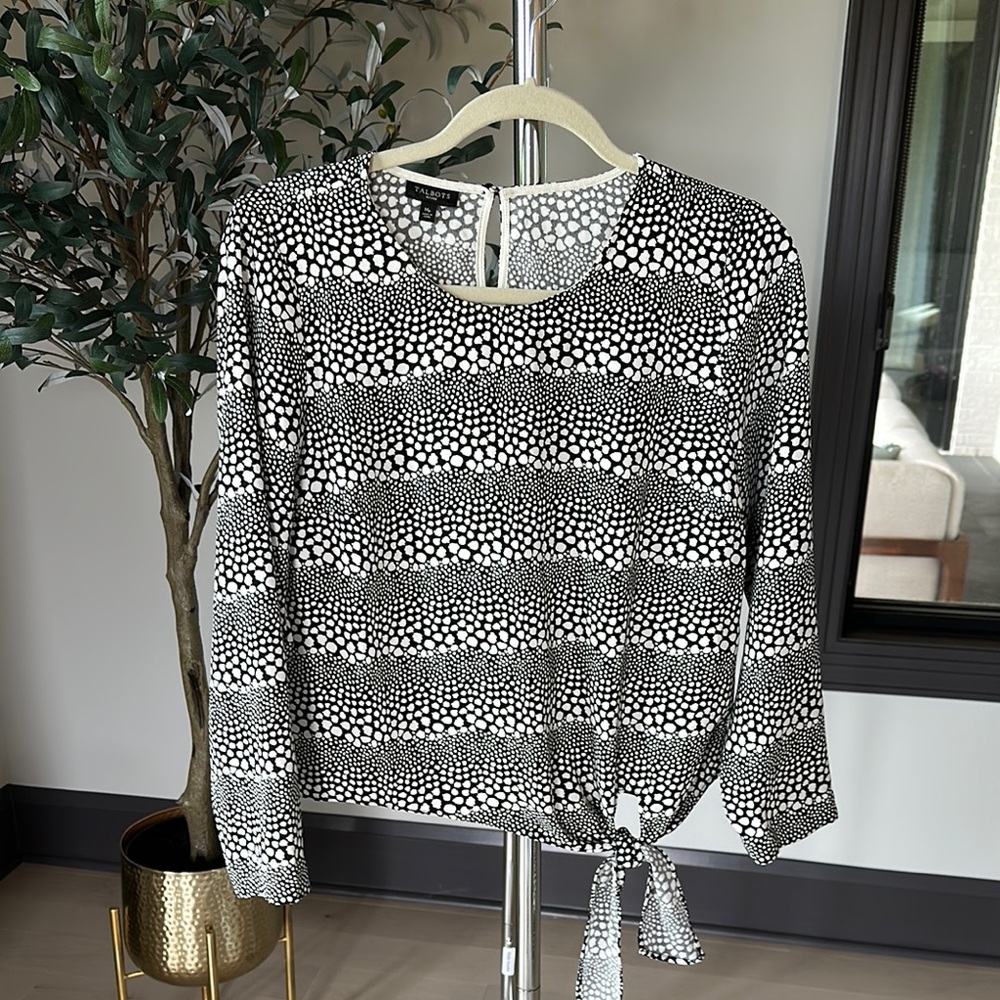 Talbots Black and White 3/4 Sleeve Tie Front Blouse